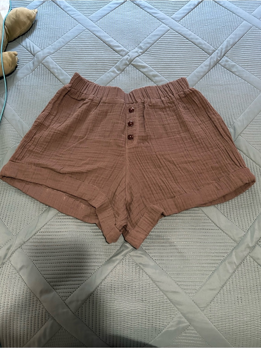 High-Rise Button Front Cotton Gauze Shorts — Brown